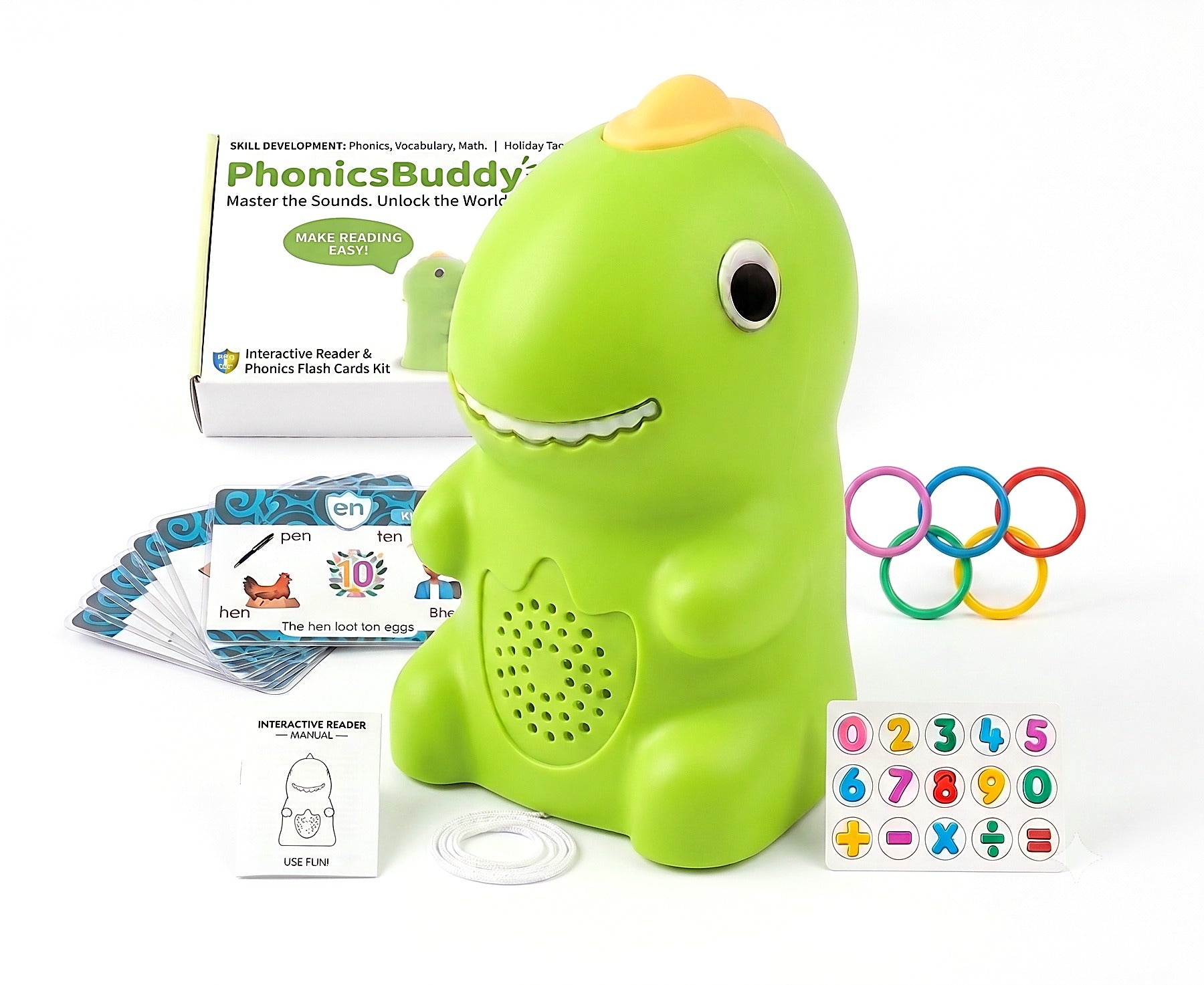 The complete PhonicsBuddy kit: interactive dino reader, phonics flash cards, number board and manual