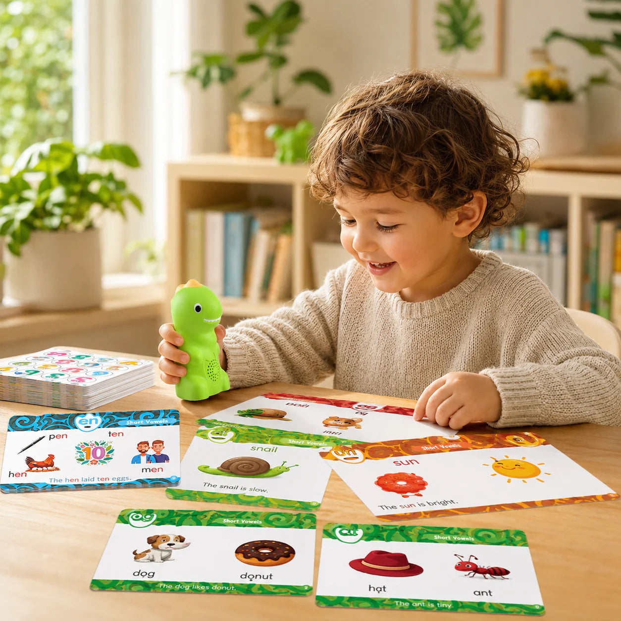 Child using PhonicsBuddy with the spread of color-coded phonics cards